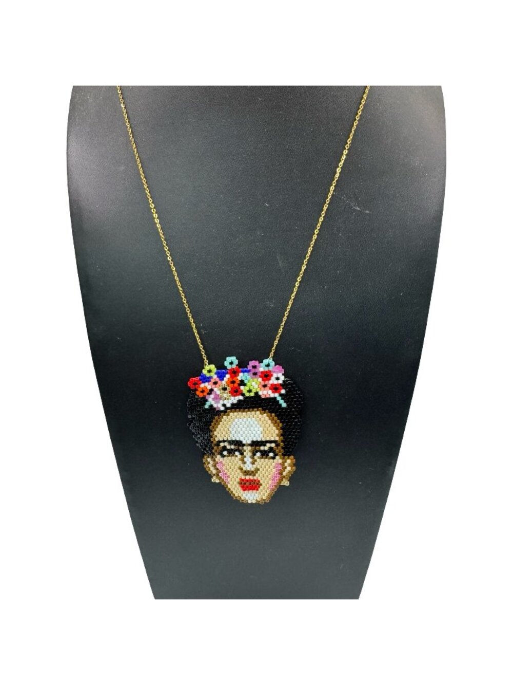 Handmade Beaded Frida Kahlo Pendant Necklace 14K Gold Chain Colorful Floral 18"